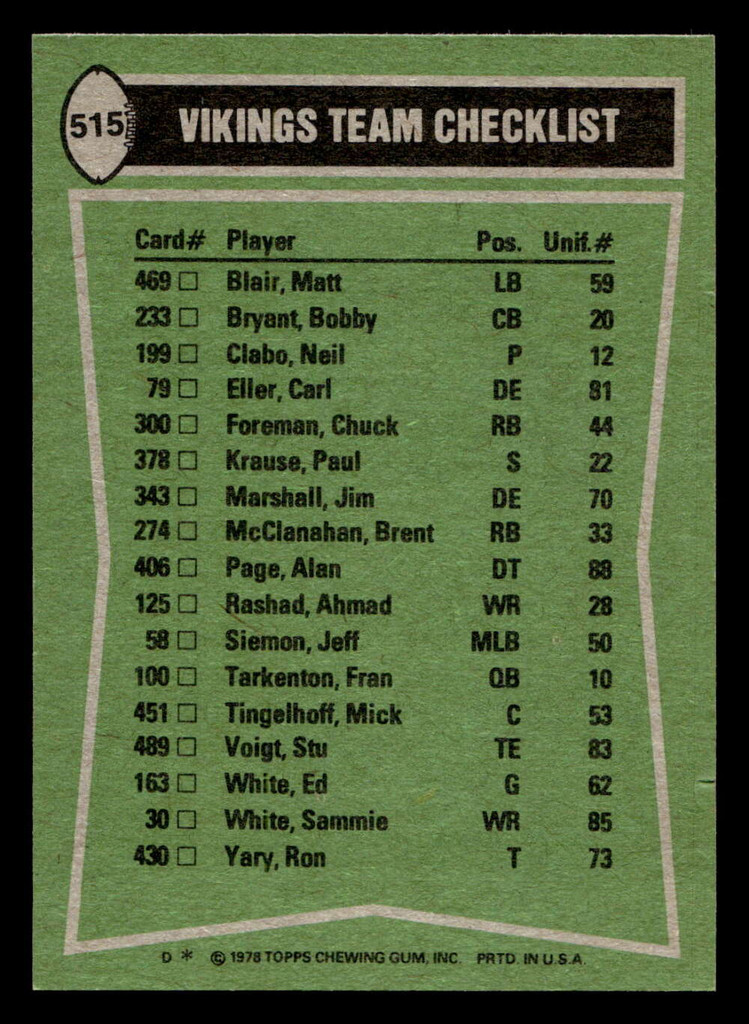 1978 Topps #515 Chuck Foreman/Sammie White/Bobby Bryant/Carl Eller TL Near Mint  ID: 506278