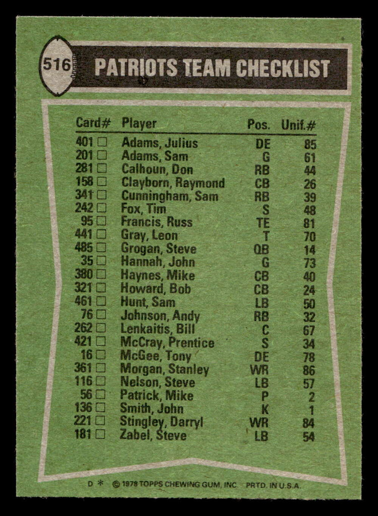 1978 Topps #516 Sam Cunningham/Darryl Stingley/Mike Haynes/Tony McGee TL Near Mint  ID: 506282