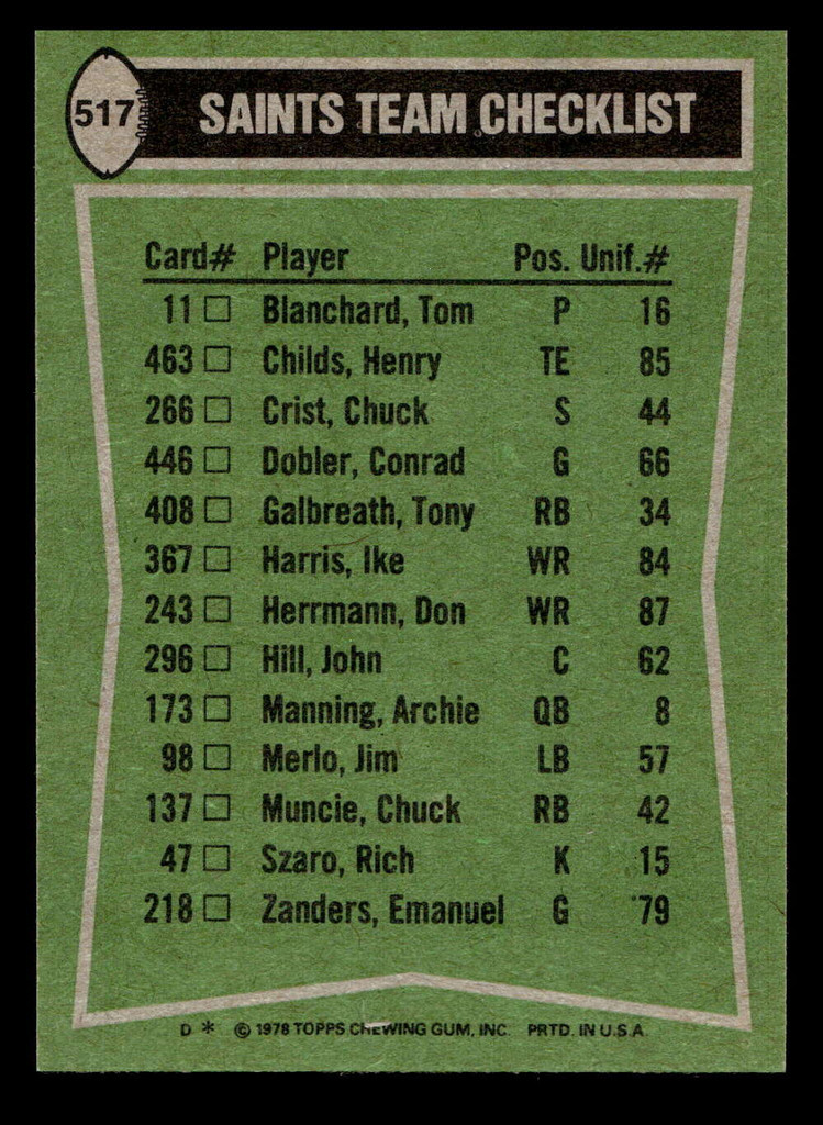 1978 Topps #517 Chuck Muncie/Don Herrmann/Chuck Crist/Elois Grooms TL Near Mint  ID: 506289