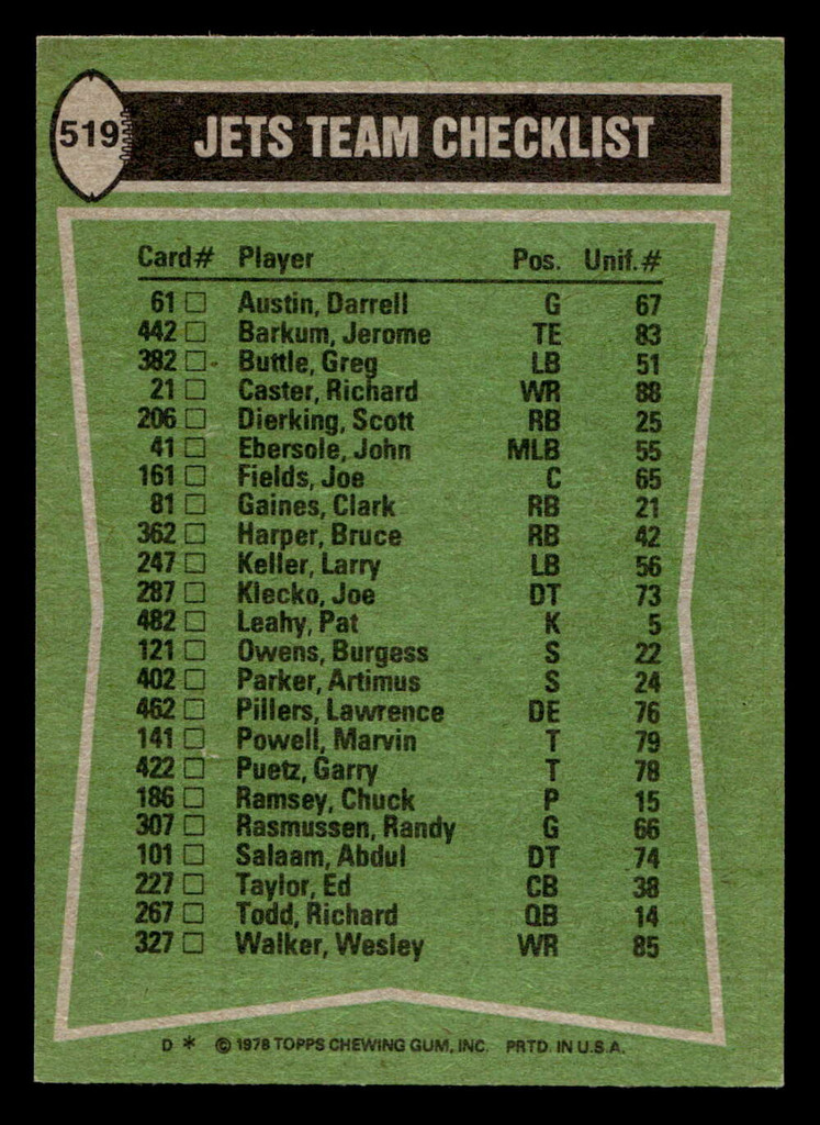 1978 Topps #519 Clark Gaines/Wesley Walker/Burgess Owens/Joe Klecko TL Near Mint  ID: 506296