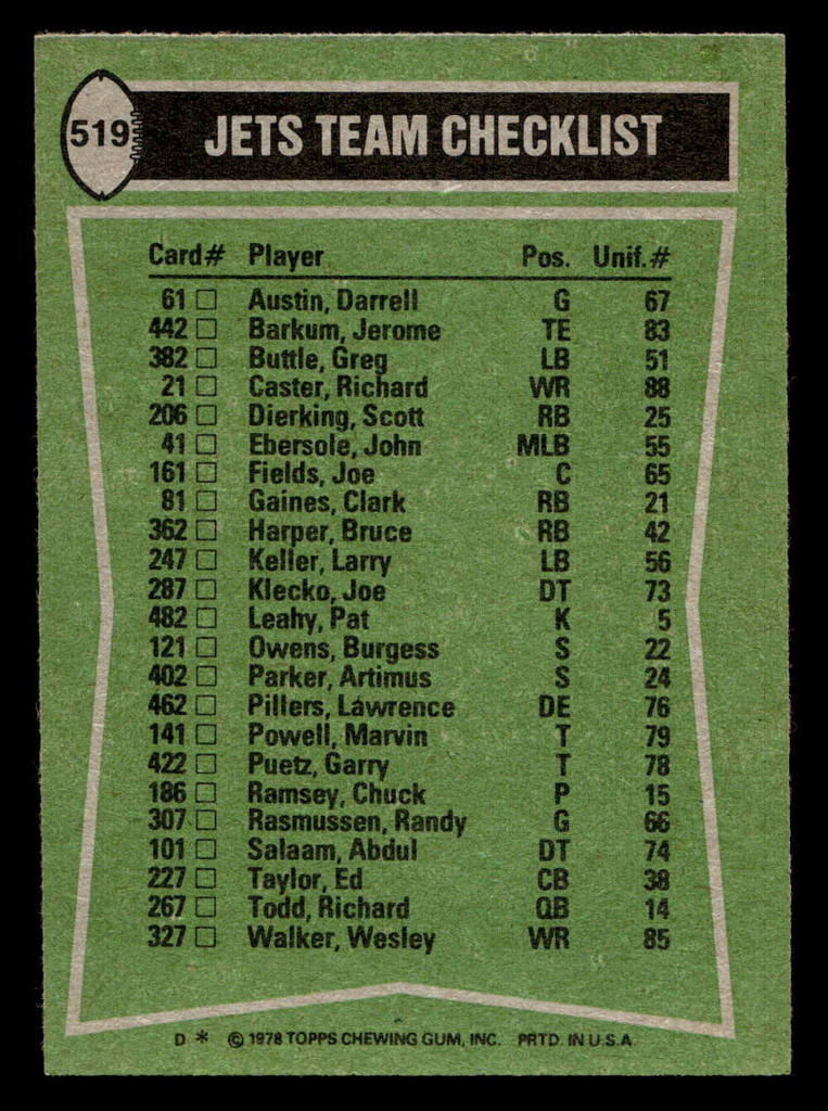 1978 Topps #519 Clark Gaines/Wesley Walker/Burgess Owens/Joe Klecko TL Ex-Mint 