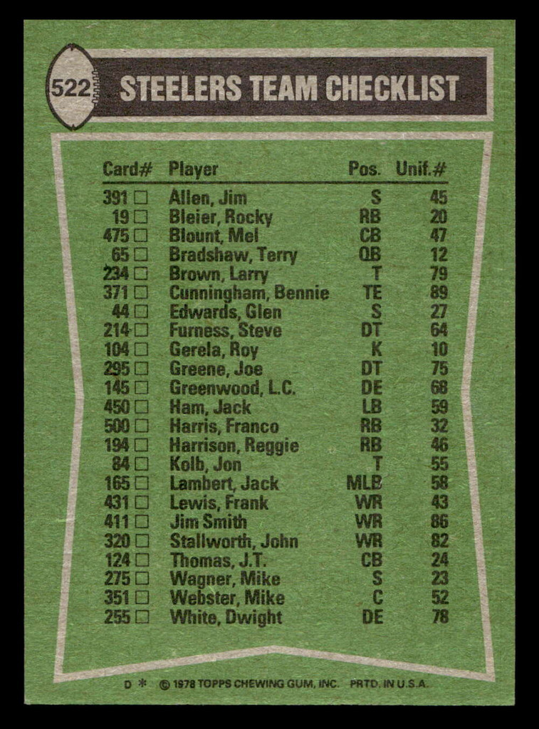 1978 Topps #522 Franco Harris/Jim Smith/Mel Blount/Steve Furness TL Ex-Mint  ID: 506307