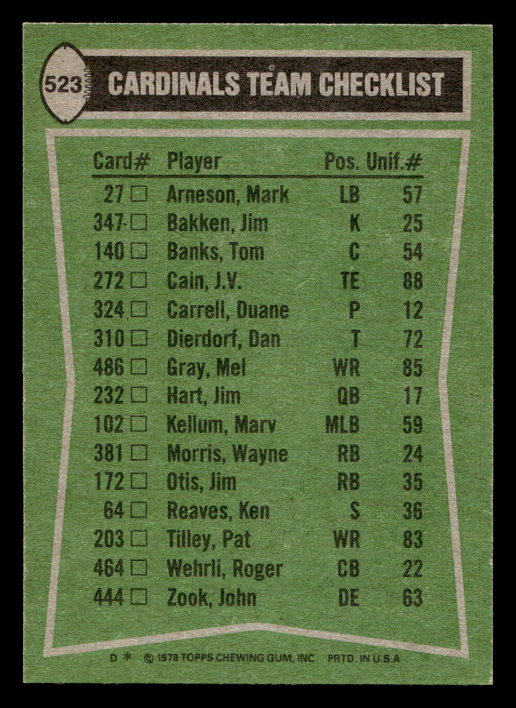 1978 Topps #523 Terry Metcalf/Mel Gray/Roger Wehrli/Mike Dawson TL Near Mint+  ID: 506314
