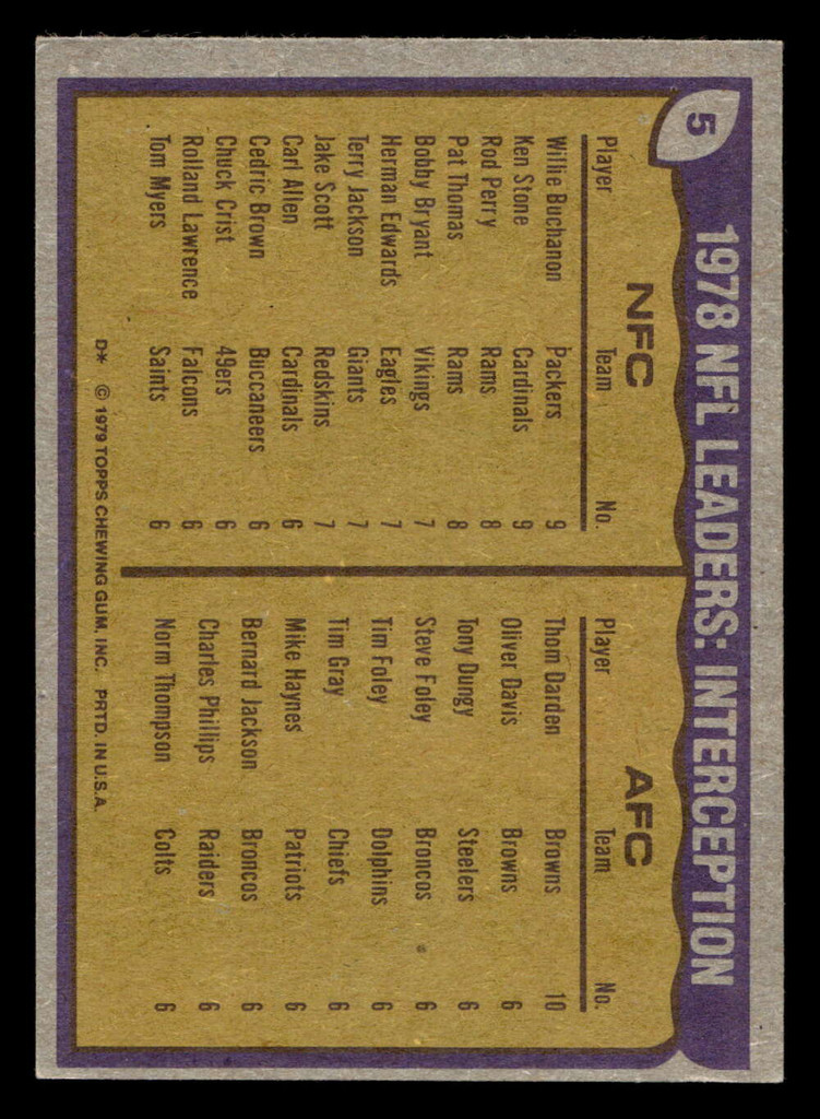 1979 Topps #5 Willie Buchanon/Ken Stone/Thom Darden 1978 Interception Leaders Excellent+ 
