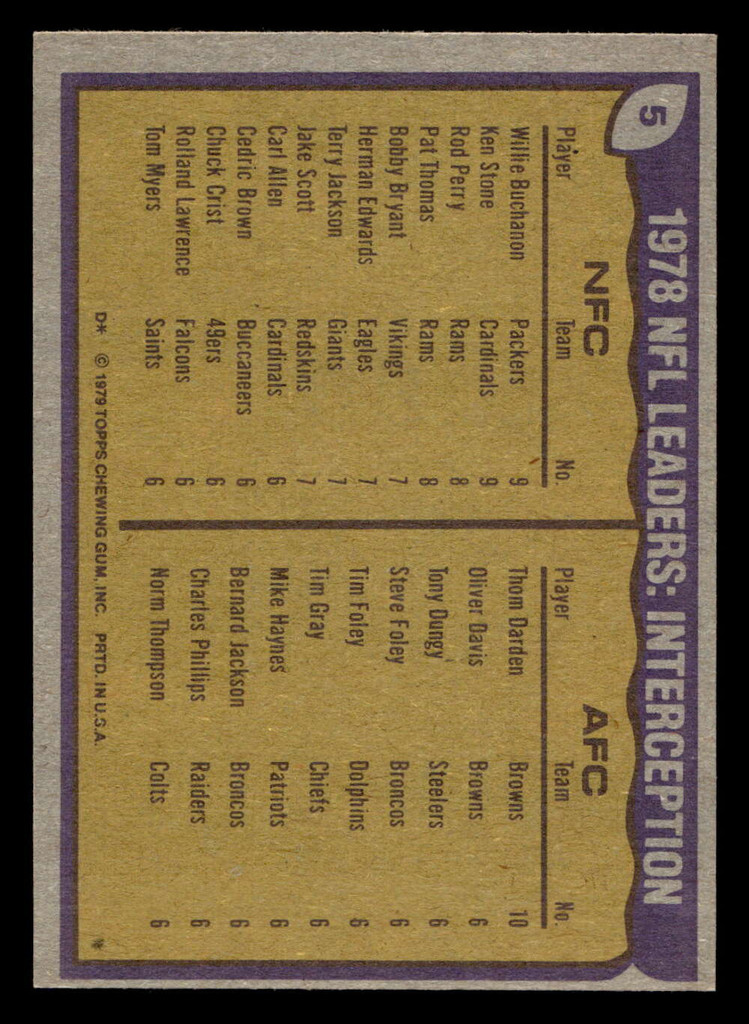 1979 Topps #5 Willie Buchanon/Ken Stone/Thom Darden 1978 Interception Leaders Near Mint  ID: 506360