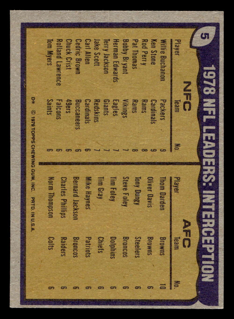 1979 Topps #5 Willie Buchanon/Ken Stone/Thom Darden 1978 Interception Leaders Ex-Mint  ID: 506361