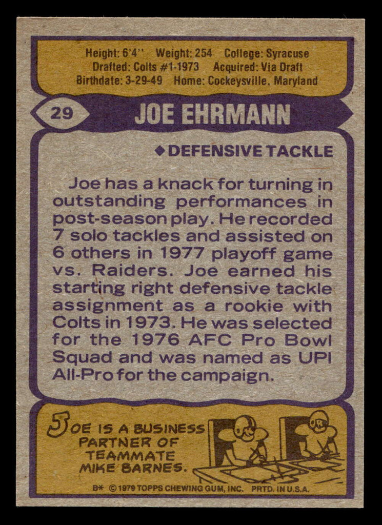 1979 Topps #29 Joe Ehrmann Near Mint  ID: 506438