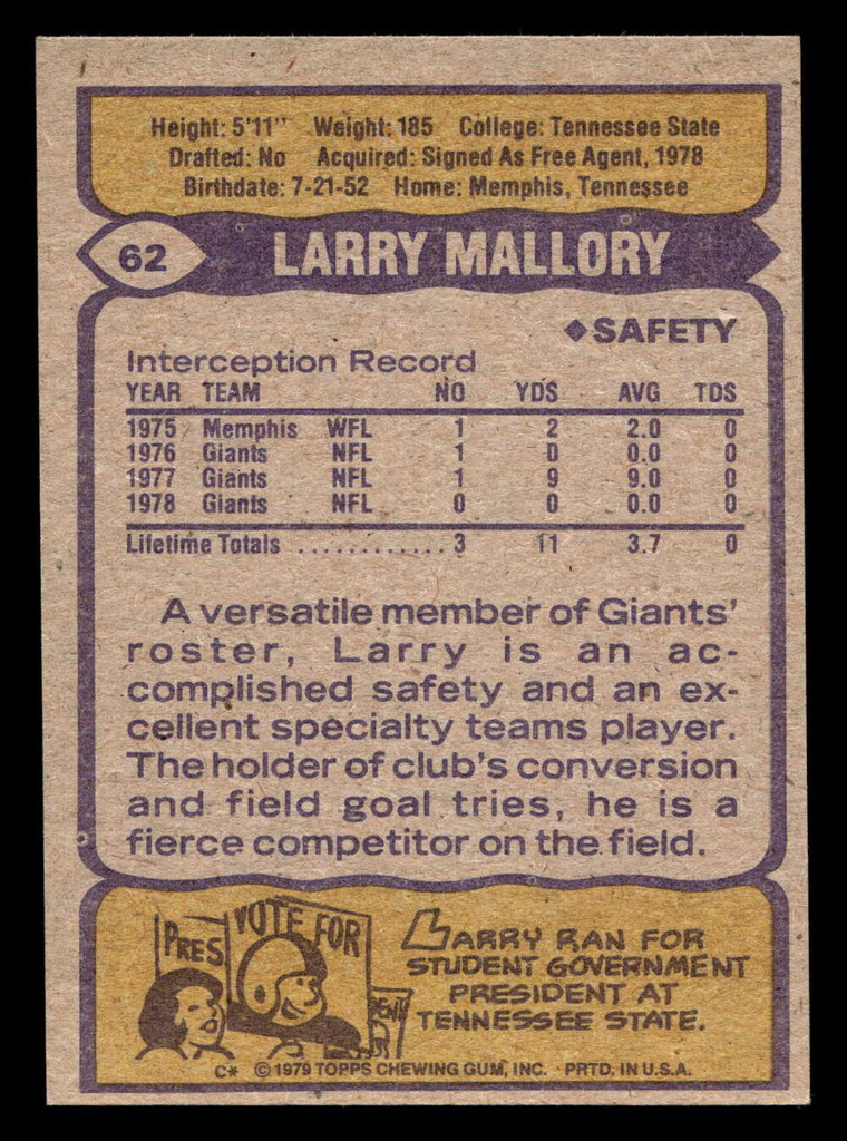 1979 Topps #62 Larry Mallory Ex-Mint  ID: 506523
