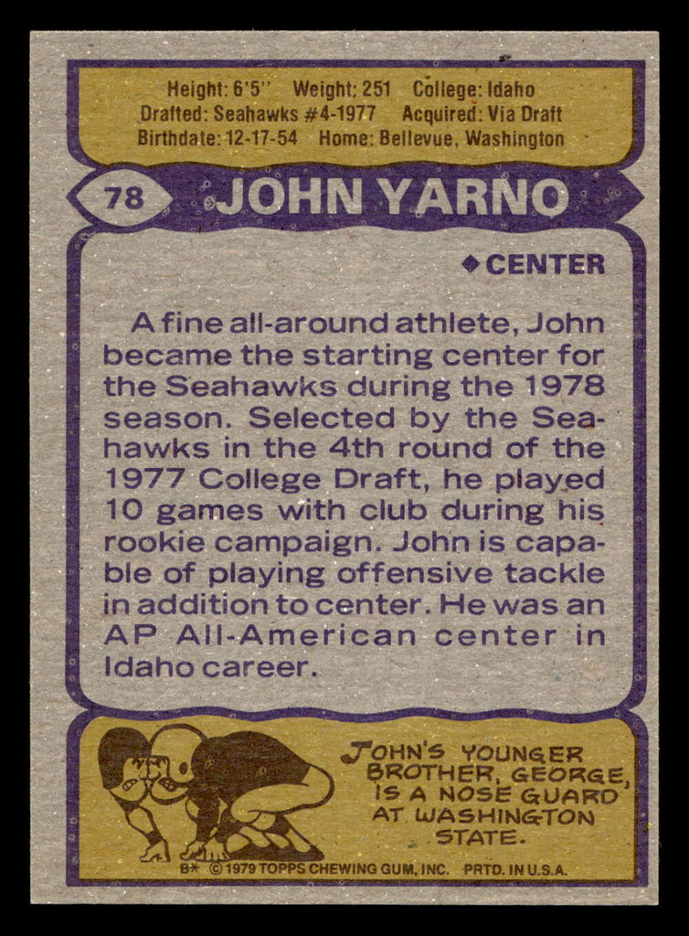 1979 Topps #78 John Yarno Near Mint  ID: 506565