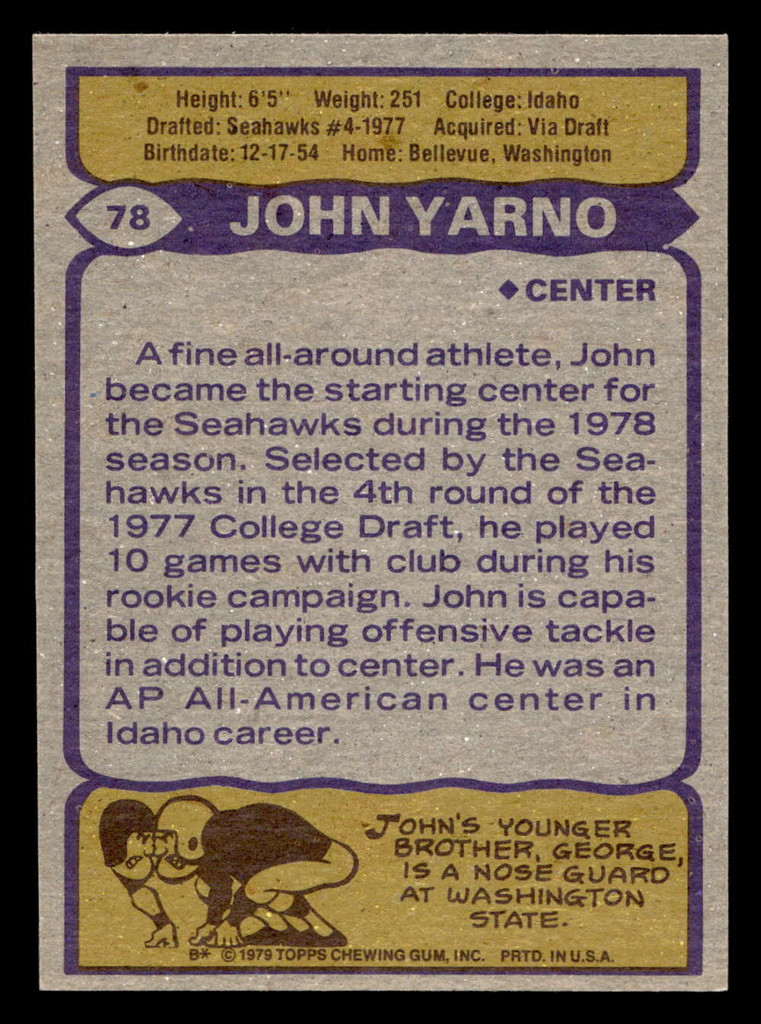 1979 Topps #78 John Yarno Near Mint  ID: 506566