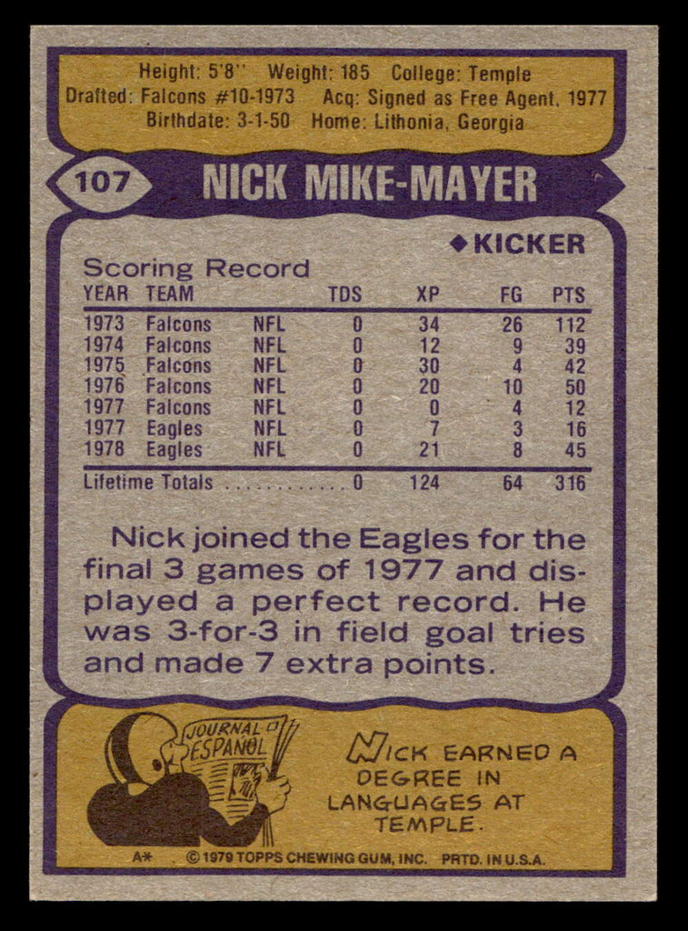 1979 Topps #107 Nick Mike-Mayer Ex-Mint 