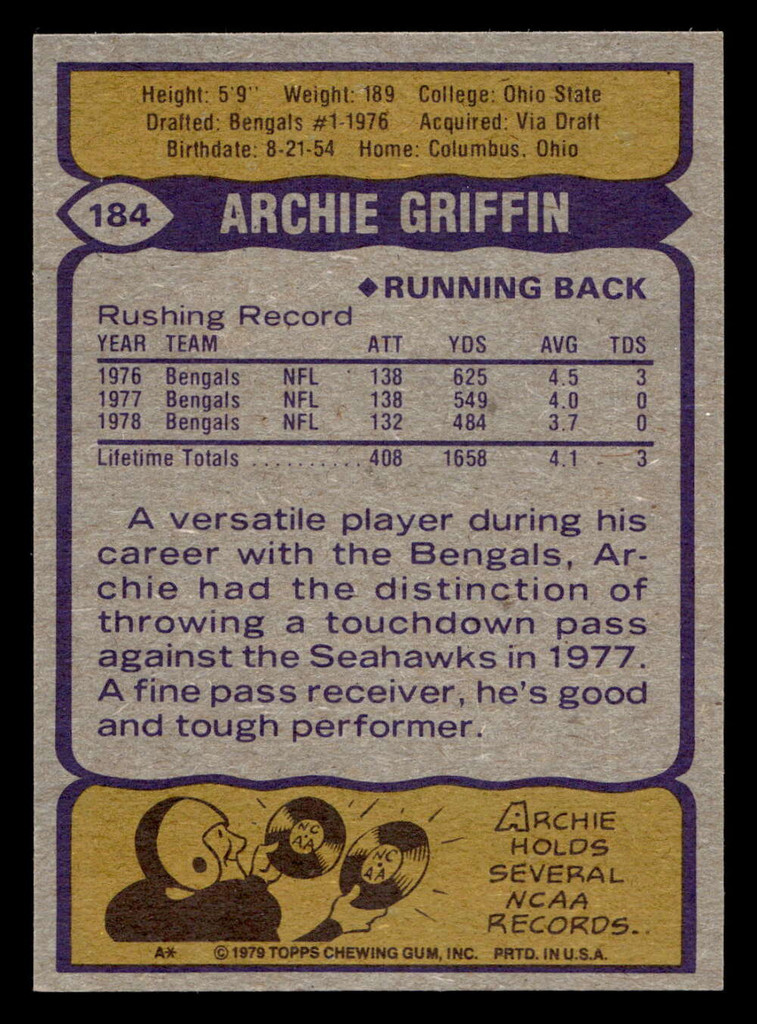 1979 Topps #184 Archie Griffin Near Mint  ID: 506859