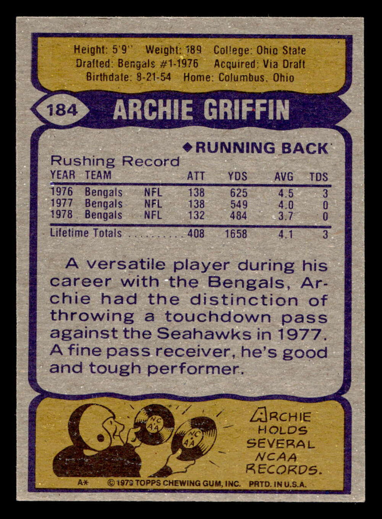 1979 Topps #184 Archie Griffin Near Mint  ID: 506863