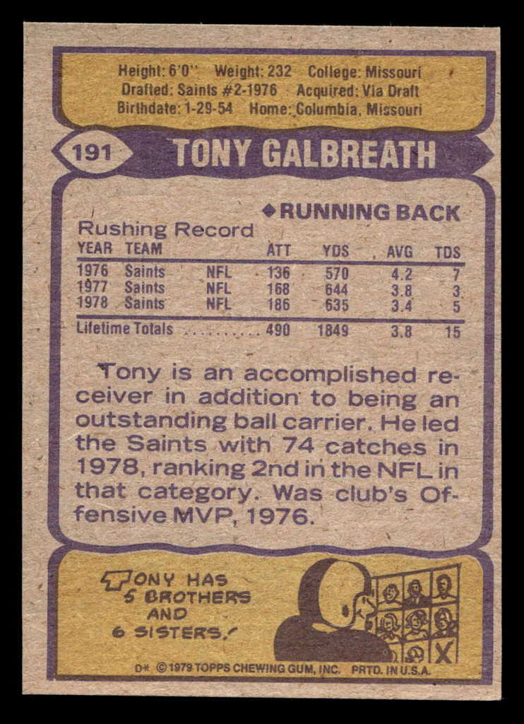 1979 Topps #191 Tony Galbreath Near Mint  ID: 506877