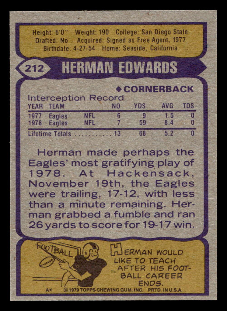 1979 Topps #212 Herman Edwards Near Mint+  ID: 506945
