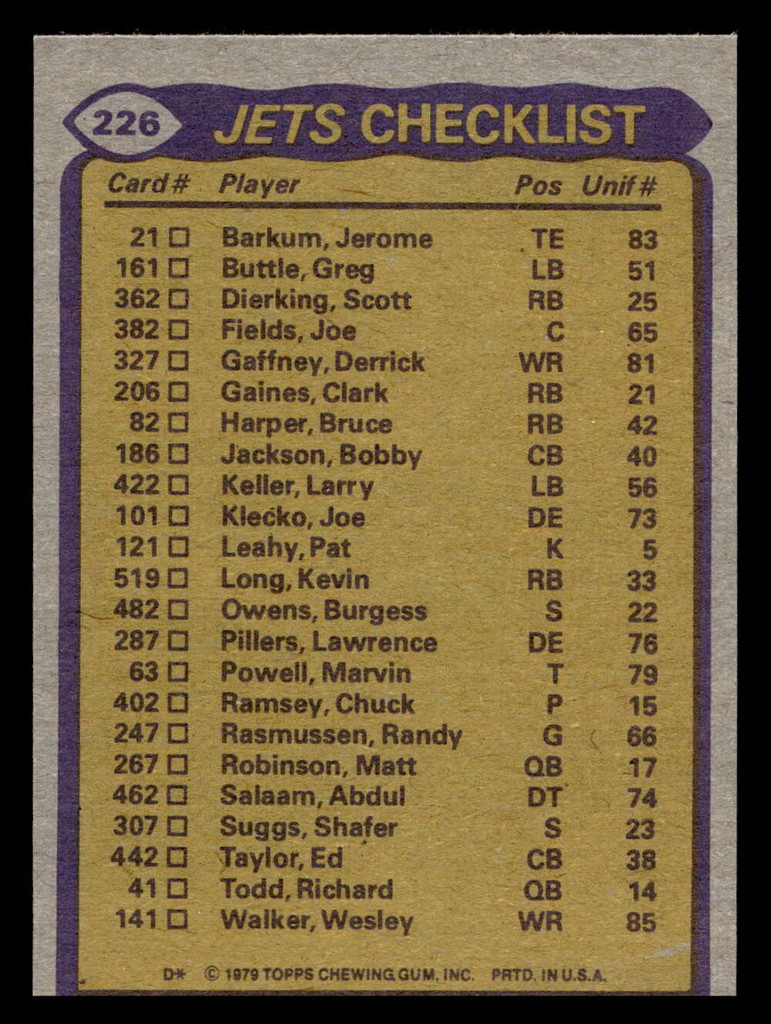 1979 Topps #226 Kevin Long/Wesley Walker/Bobby Jackson/Burgess Owens/Joe Klecko TL Near Mint  ID: 506984