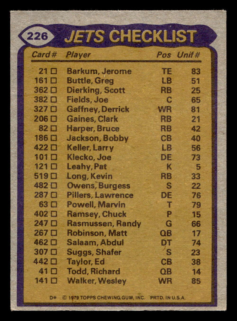 1979 Topps #226 Kevin Long/Wesley Walker/Bobby Jackson/Burgess Owens/Joe Klecko TL Very Good 