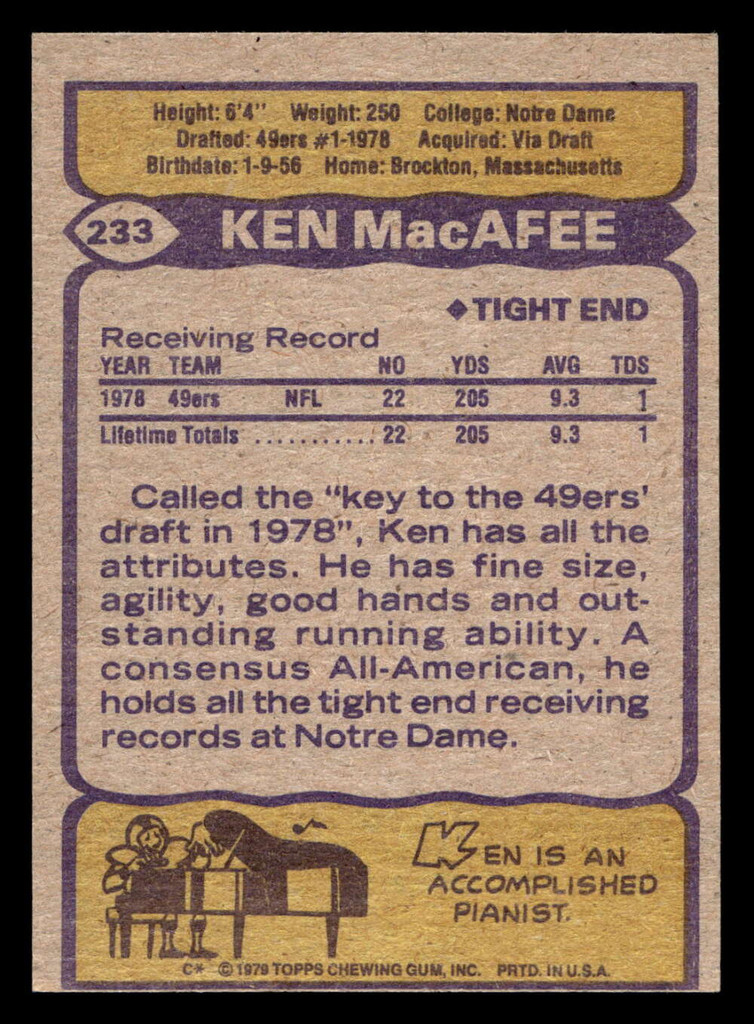 1979 Topps #233 Ken MacAfee Near Mint+ RC Rookie  ID: 507012