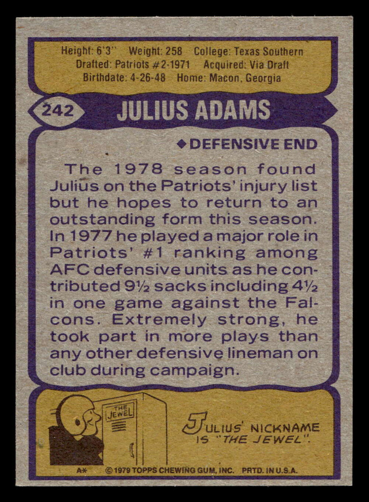 1979 Topps #242 Julius Adams Near Mint  ID: 507042