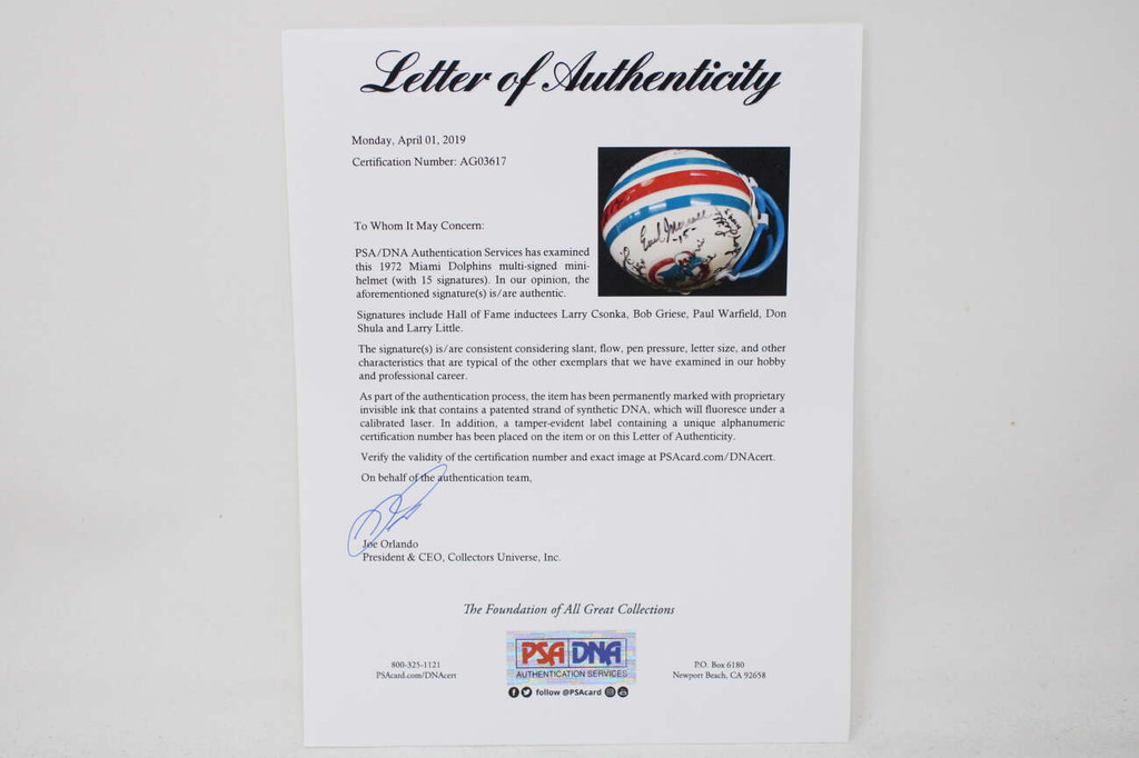 1972 Dolphins 15 Autos Shula Csonka PSA/DNA Signed Mini Helmet Warfield Griese