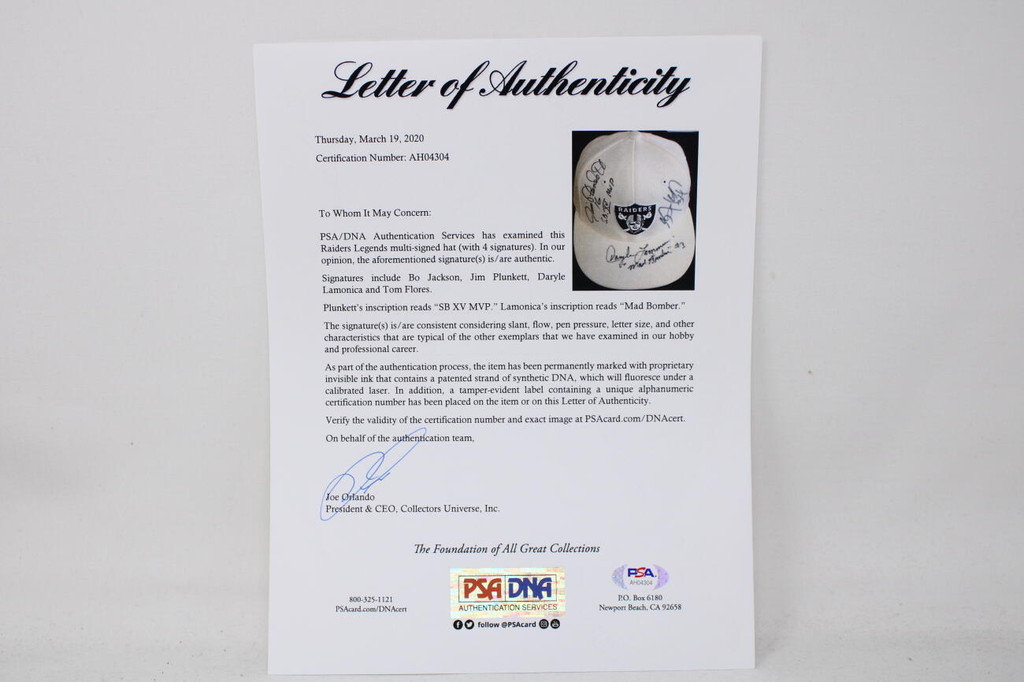 Bo Jackson Jim Plunkett Daryle Lamonica Tom Flores Signed Hat Cap PSA/DNA Raiders