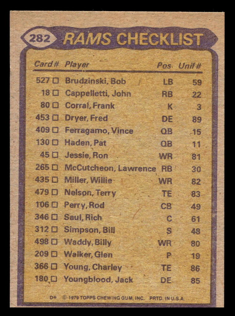 1979 Topps #282 Cullen Bryant/Willie Miller/Rod Perry/Pat Thomas/Larry Brooks TL Near Mint  ID: 507427