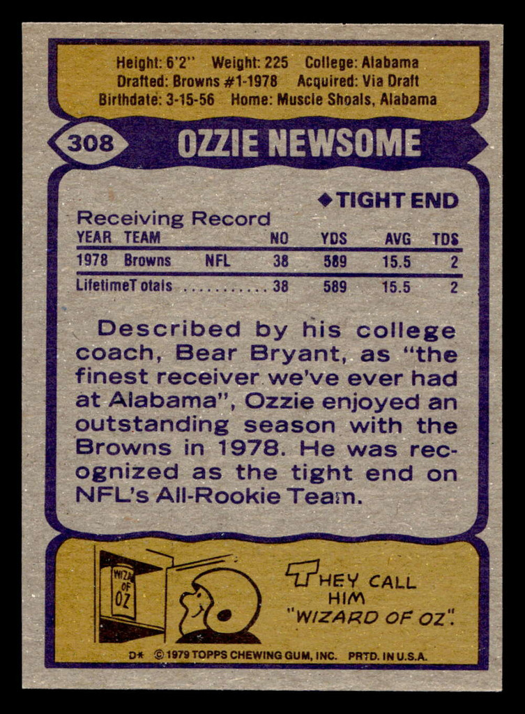 1979 Topps #308 Ozzie Newsome Near Mint RC Rookie  ID: 507525
