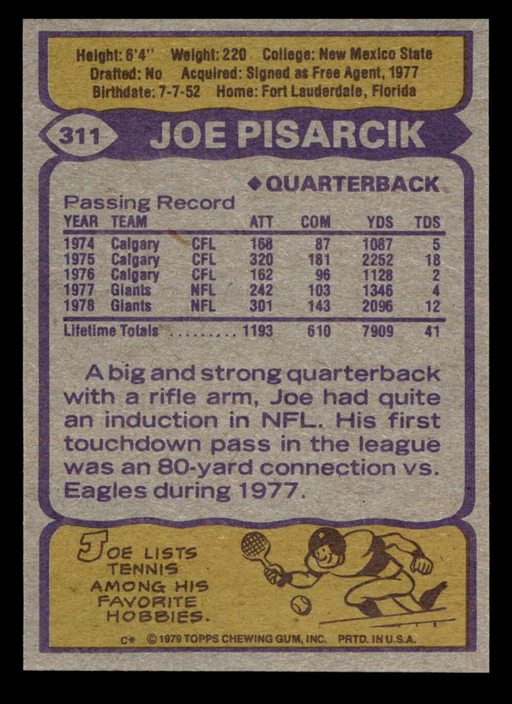 1979 Topps #311 Joe Pisarcik Near Mint+  ID: 507535