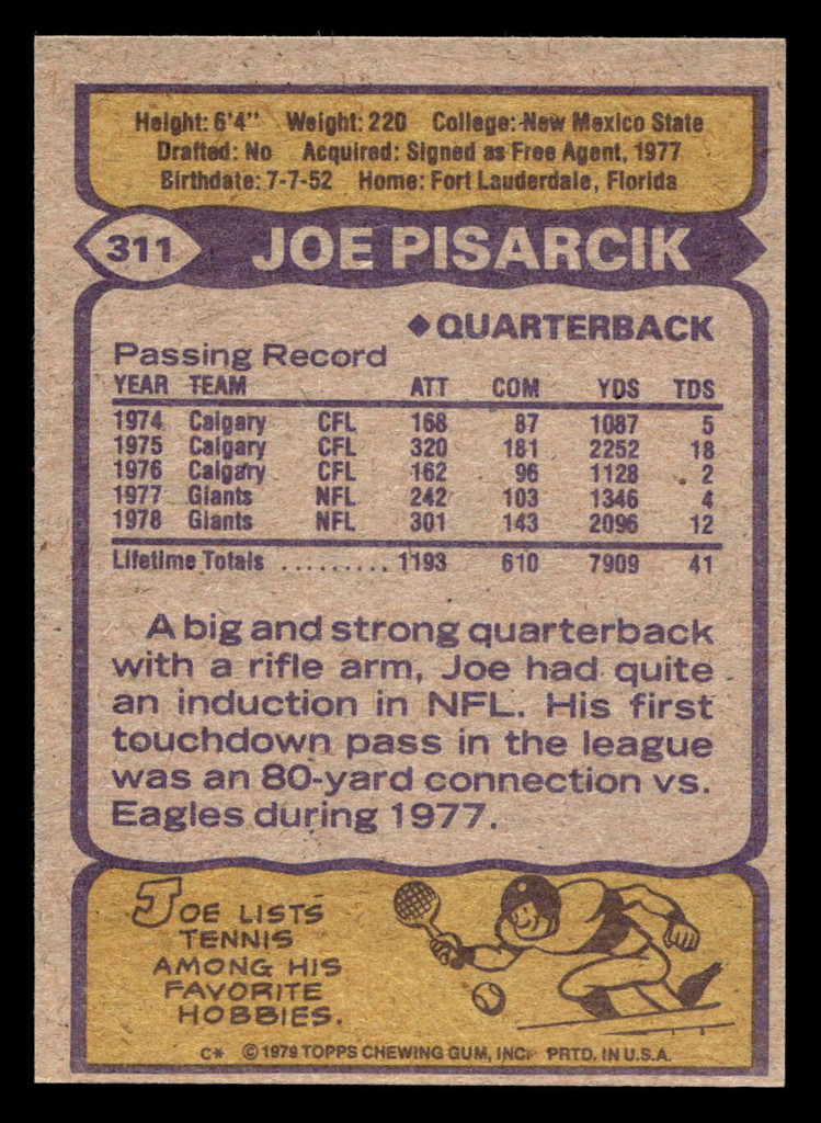 1979 Topps #311 Joe Pisarcik Near Mint+  ID: 507536