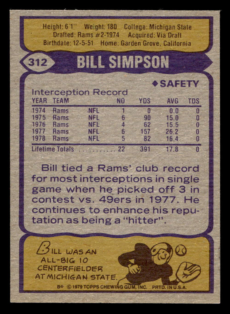 1979 Topps #312 Bill Simpson AP Near Mint  ID: 507538
