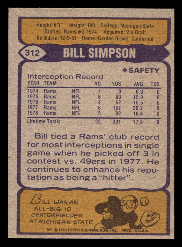 1979 Topps #312 Bill Simpson AP Near Mint  ID: 507541