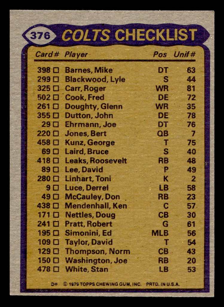 1979 Topps #376 Joe Washington/Roger Carr/Norm Thompson/John Dutton TL Ex-Mint  ID: 507796