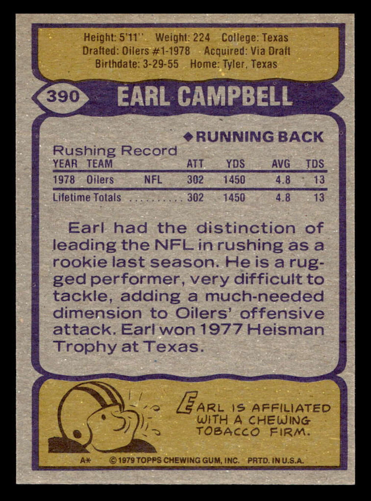 1979 Topps #390 Earl Campbell Near Mint+ RC Rookie  ID: 507863