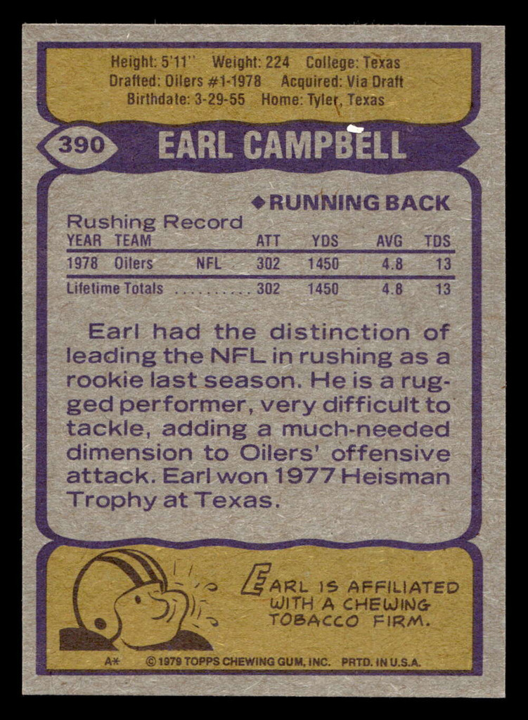 1979 Topps #390 Earl Campbell Near Mint+ RC Rookie  ID: 507865