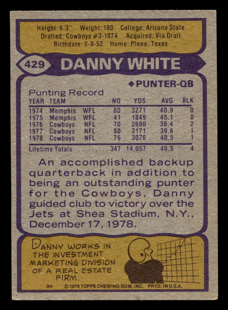 1979 Topps #429 Danny White Ex-Mint  ID: 508033