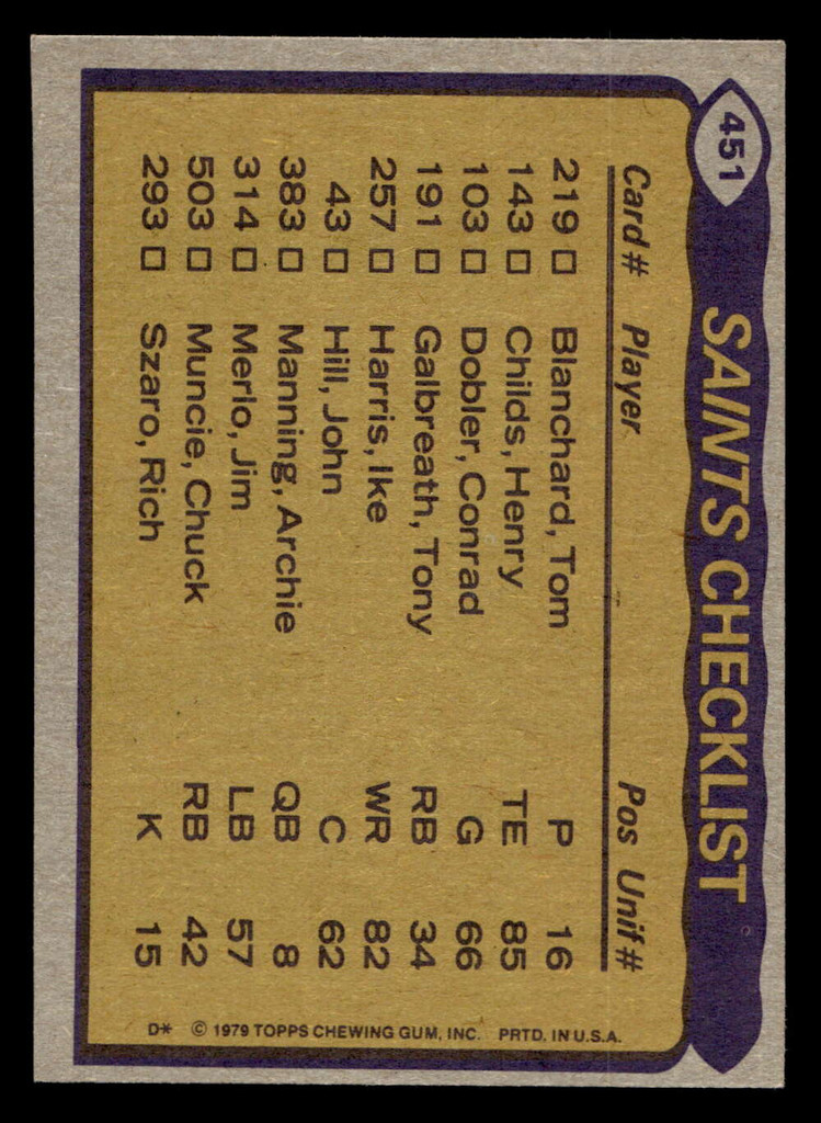 1979 Topps #451 Tony Galbreath/Henry Childs/Tom Myers/Elex Price TL Ex-Mint  ID: 508137