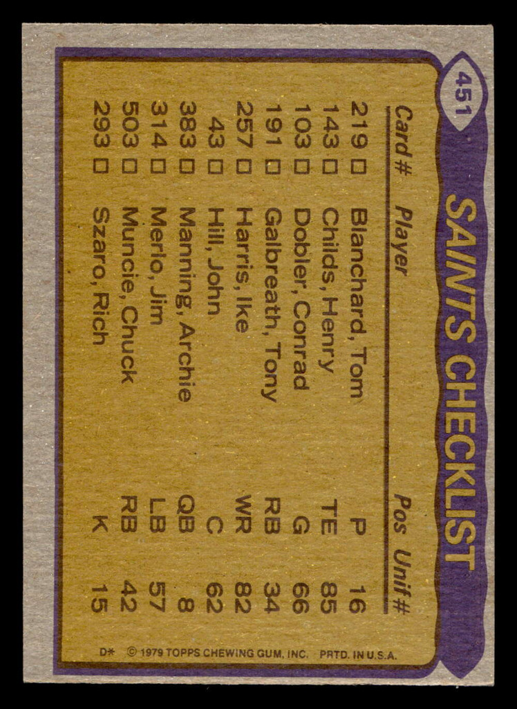 1979 Topps #451 Tony Galbreath/Henry Childs/Tom Myers/Elex Price TL Ex-Mint  ID: 508138
