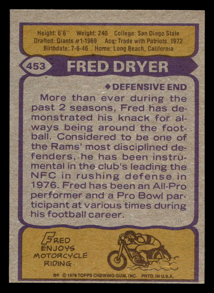 1979 Topps #453 Fred Dryer Near Mint 
