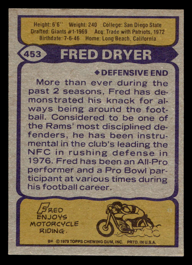 1979 Topps #453 Fred Dryer Ex-Mint  ID: 508147