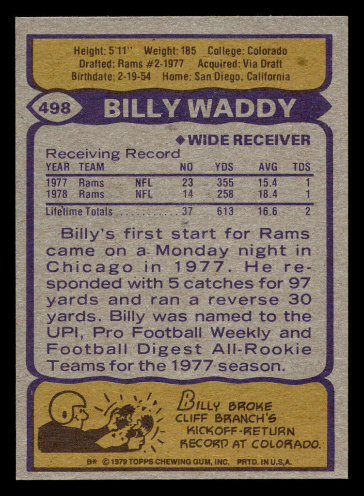 1979 Topps #498 Billy Waddy Near Mint RC Rookie  ID: 508337
