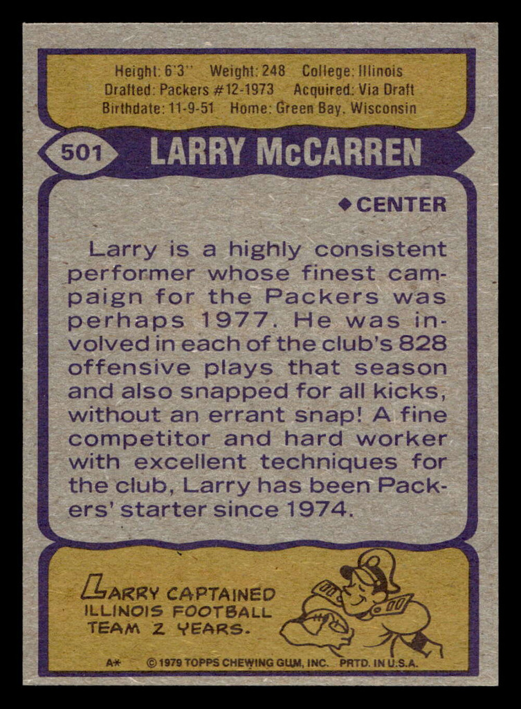1979 Topps #501 Larry McCarren Near Mint  ID: 508347