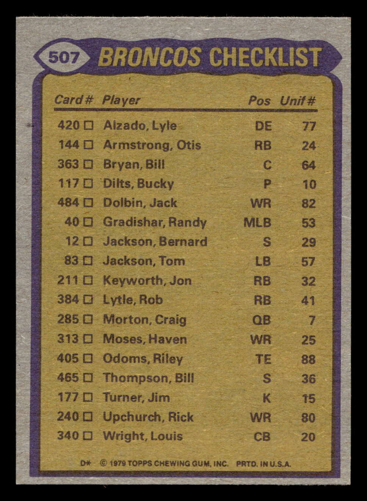 1979 Topps #507 Lonnie Perrin/Riley Odoms/Steve Foley/Bernard Jackson/Lyle Alzado TL Near Mint  ID: 508376
