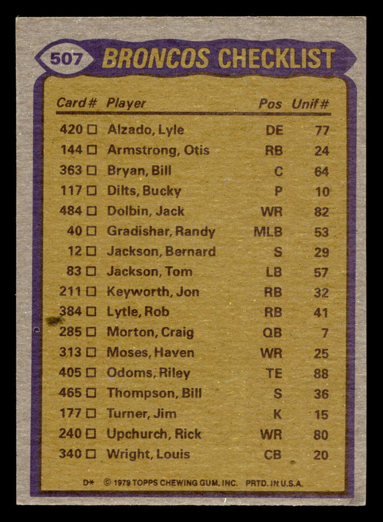 1979 Topps #507 Lonnie Perrin/Riley Odoms/Steve Foley/Bernard Jackson/Lyle Alzado TL Ex-Mint  ID: 508377