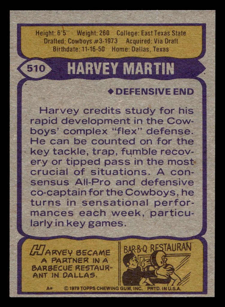 1979 Topps #510 Harvey Martin Near Mint 