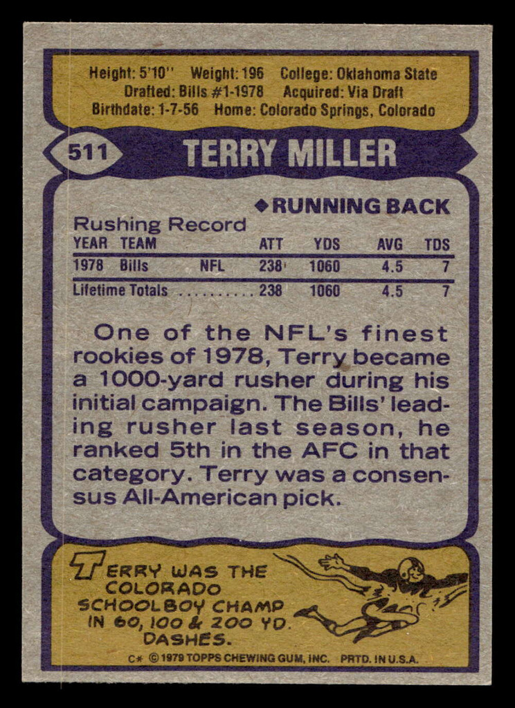 1979 Topps #511 Terry Miller Ex-Mint RC Rookie 