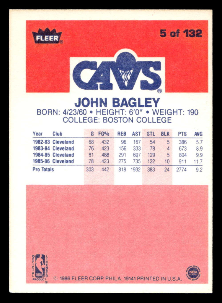 1986-87 Fleer #5 John Bagley Ex-Mint RC Rookie Basketball 