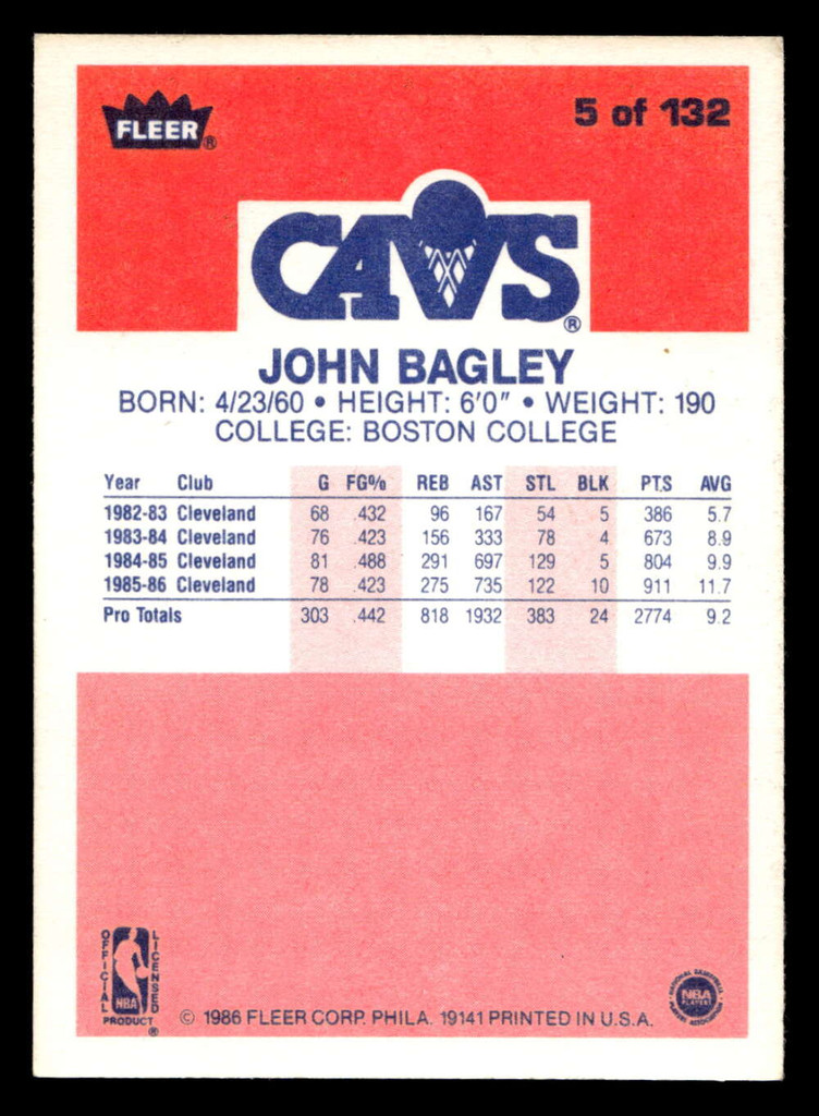 1986-87 Fleer #5 John Bagley Excellent+ RC Rookie Basketball  ID: 508482