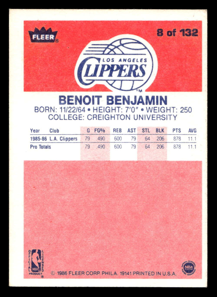 1986-87 Fleer #8 Benoit Benjamin VG-EX RC Rookie Basketball 