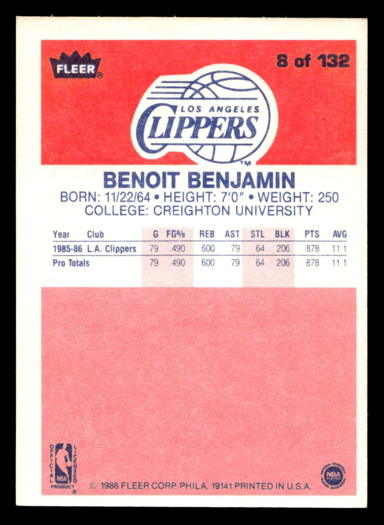 1986-87 Fleer #8 Benoit Benjamin Ex-Mint RC Rookie Basketball  ID: 508490