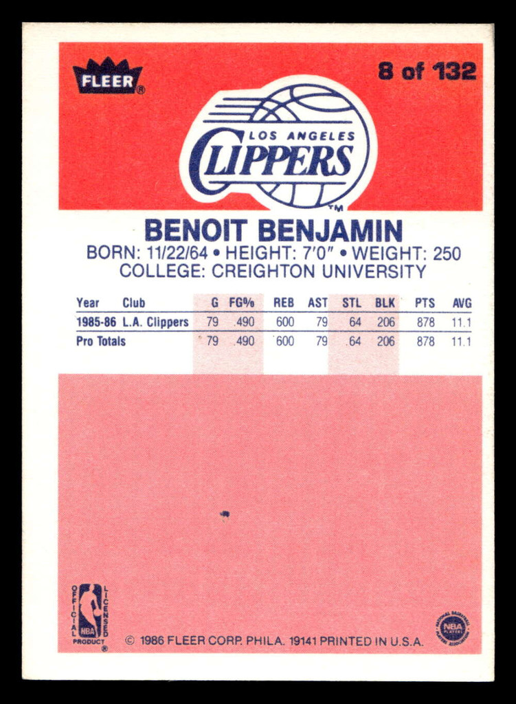 1986-87 Fleer #8 Benoit Benjamin Ex-Mint RC Rookie Basketball  ID: 508491
